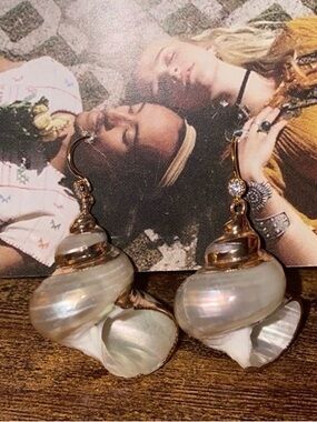 Pearlescent Spiral Seashell Drop Earrings with Gold Accents